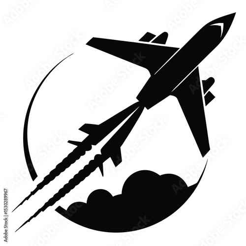 Airplane silhouette taking off with smoke trail