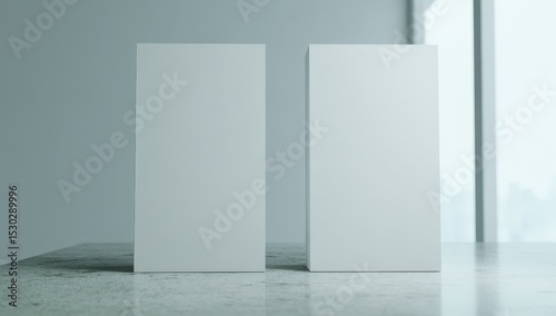Two blank white boxes on a light gray surface, minimalist, modern, against a pale background, with a glimpse of a window