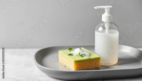 Yellow liquid soap bottle and sponge with foam on a gray tray, clean and minimal setup with eco-friendly theme.