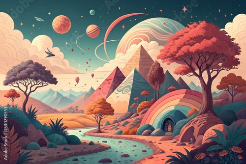 Surreal Landscape with Pyramids, Rainbow Cave, and Planets in a Dreamlike Setting