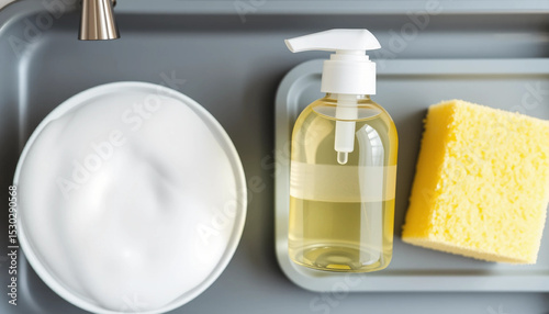 Yellow liquid soap bottle and sponge with foam on a gray tray, clean and minimal setup with eco-friendly theme.
