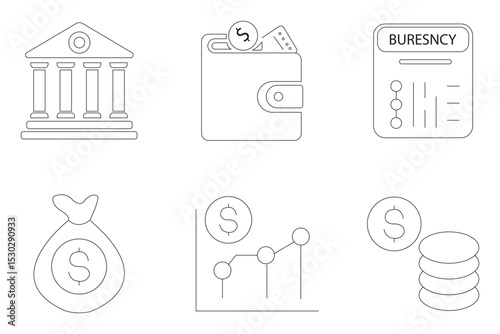 Money, Piggy bank, budget, savings, loan, cash, earning, income, wallet, currency, dollar, card, coin, revenue, and profit icon set. Money management related icon set. Vector illustration. EPS 10