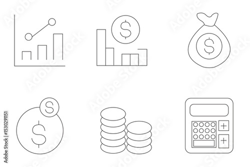 Money, Piggy bank, budget, savings, loan, cash, earning, income, wallet, currency, dollar, card, coin, revenue, and profit icon set. Money management related icon set. Vector illustration. EPS 10