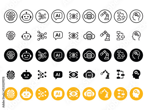Vector icon set featuring popular artificial intelligence and modern technology elements. Includes AI brain, robot, chip, data, cloud, and tech devices.