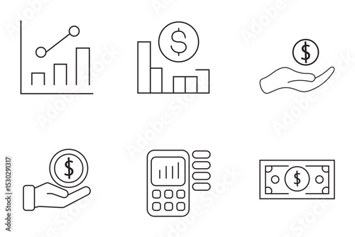 Money, Piggy bank, budget, savings, loan, cash, earning, income, wallet, currency, dollar, card, coin, revenue, and profit icon set. Money management related icon set. Vector illustration. EPS 10