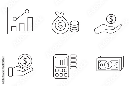 Money, Piggy bank, budget, savings, loan, cash, earning, income, wallet, currency, dollar, card, coin, revenue, and profit icon set. Money management related icon set. Vector illustration. EPS 10