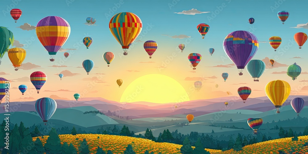 Fototapeta premium Colorful hot air balloons floating in the sky during sunrise over rolling hills, creating a vibrant and serene landscape filled with flowers and a warm atmosphere