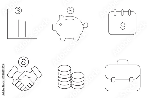 Money management related icon set. Money, piggy bank, calculator, budget, savings, loan, Finance, cash, earning, income, wallet, currency, dollar, card, coin, revenue, and profit icon set. EPS 10