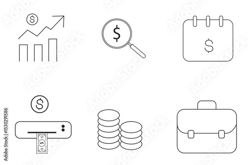 Money, Piggy bank, budget, savings, loan, cash, earning, income, wallet, currency, dollar, card, coin, revenue, and profit icon set. Money management related icon set. Vector illustration. EPS 10