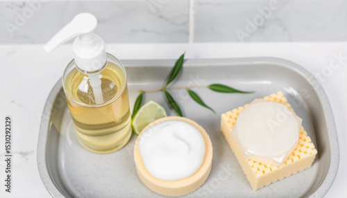 Yellow liquid soap bottle and sponge with foam on a gray tray, clean and minimal setup with eco-friendly theme.