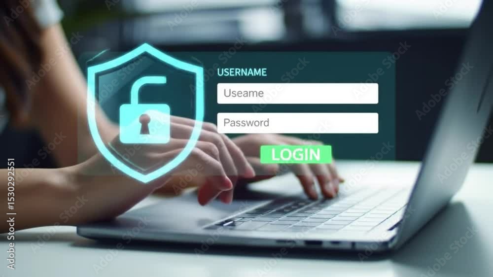 Person Typing on Laptop with Digital Security Login Interface and ...