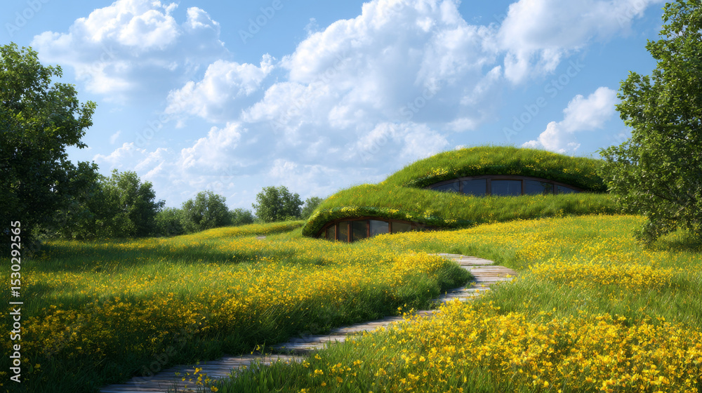 Obraz premium A charming eco-friendly house with a green roof nestled in a lush meadow filled with vibrant yellow wildflowers under a blue sky dotted with fluffy white clouds.
