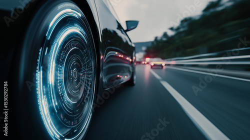 A close-up of a car's futuristic wheel, symbolizing technological advancement in modern transportation.