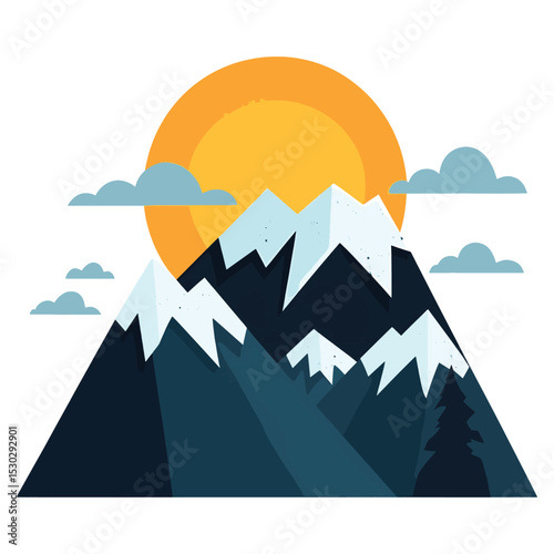 Snowy Mountains Sunset Landscape Illustration Blue Teal Orange