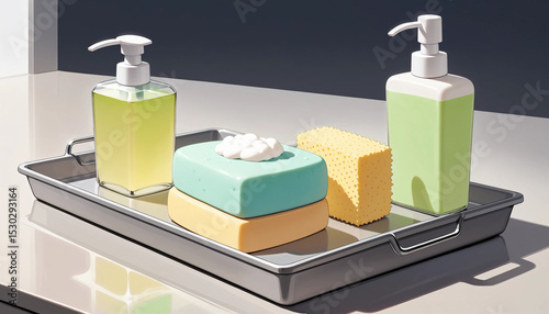 Yellow liquid soap bottle and sponge with foam on a gray tray, clean and minimal setup with eco-friendly theme.