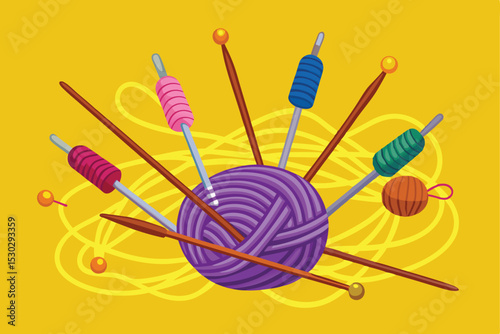 A vibrant illustration of knitting supplies.