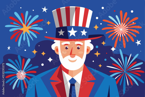 A cheerful illustration of Uncle Sam, wearing his iconic top hat with American flag colors, amidst vibrant fireworks.