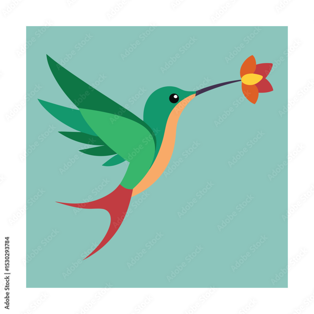 Obraz premium Flat design illustration of a hummingbird carrying a vibrant orange and red flower on a pastel blue background