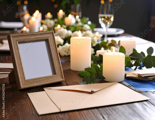 Candlelit memorial table with photo frame and memories, quiet night tribute