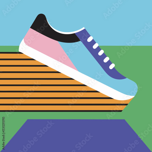 Illustration of a colorful sneaker on a striped surface
