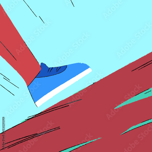 Close up of a shoe stepping on a red surface with lines