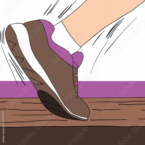 Close up of a foot in a shoe stomping on a wooden surface