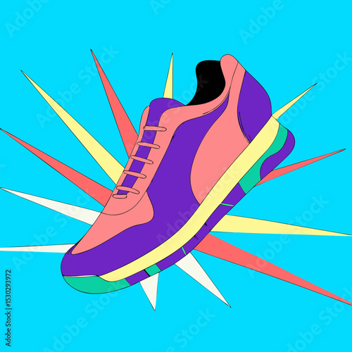 Illustration of a colorful sneaker with starburst background