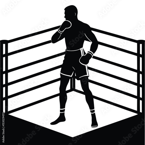 Boxer silhouette leaning on ring ropes in corner