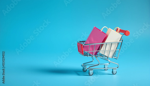 Colorful shopping bags in a cart on a blue background, representing retail and online shopping concepts.
