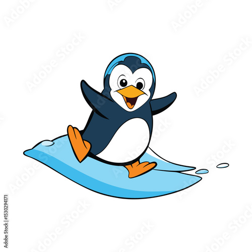 Cheerful cartoon penguin sliding on ice
