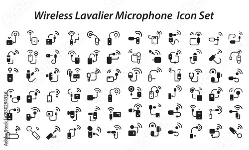 Wireless Lavalier Microphone Icon Set .svg. Mic flat line icons set. Podcast mike, journalist microphone, karaoke, conference, windscreen, retro radio vector illustration. Outline pictogram for music 