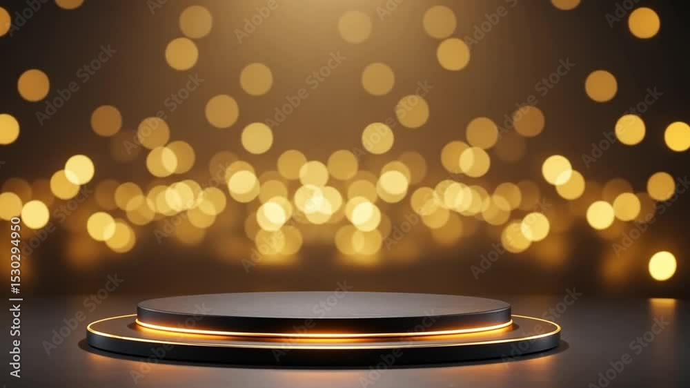 Elegant gold bokeh background with podium for product showcase and presentation display stage