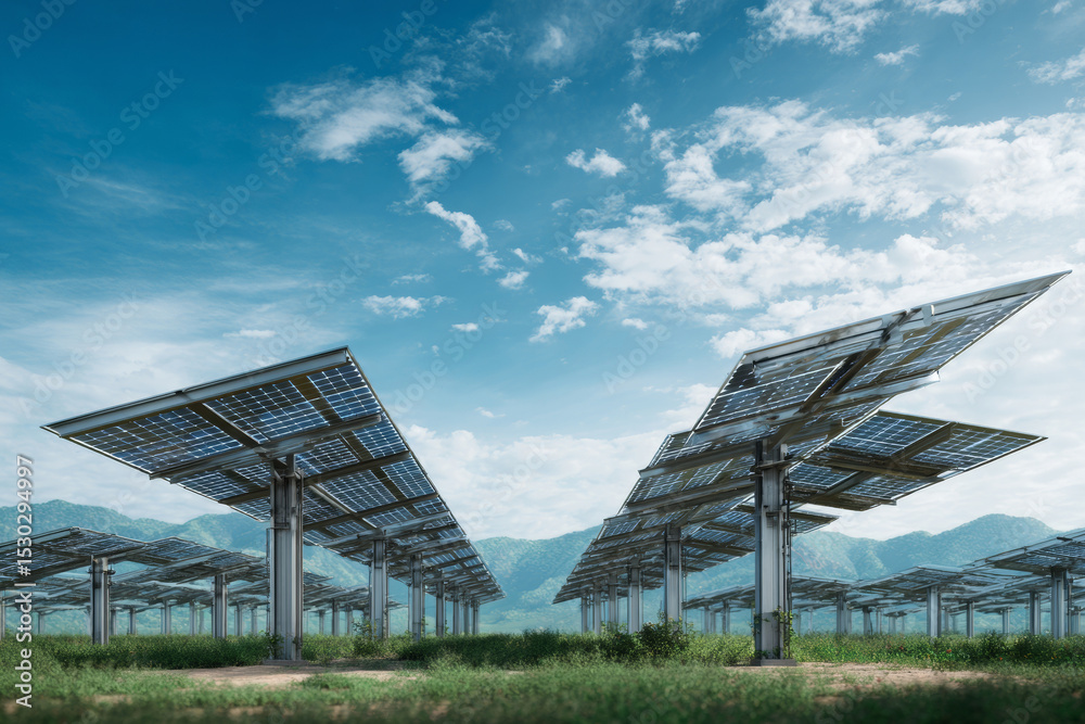 Obraz premium Renewable Energy: A visual symphony of solar panels against a vibrant blue sky and mountainous landscape, emphasizing the commitment to sustainable and environmentally conscious energy solutions.