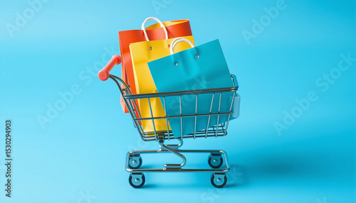 Colorful shopping bags in a cart on a blue background, representing retail and online shopping concepts.