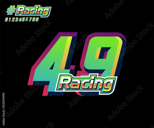 number 49 with vector racing text, with green and yellow gradient color on black background