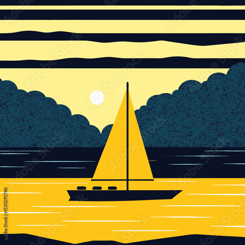 Illustration of a sailboat on water at sunset with clouds