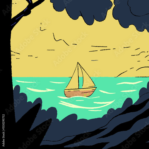 A sailboat on the water with a yellow sky background