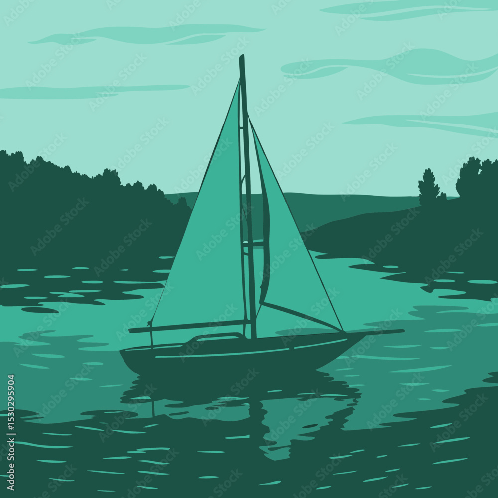 Naklejka premium A sailboat is sailing on the water near the land area
