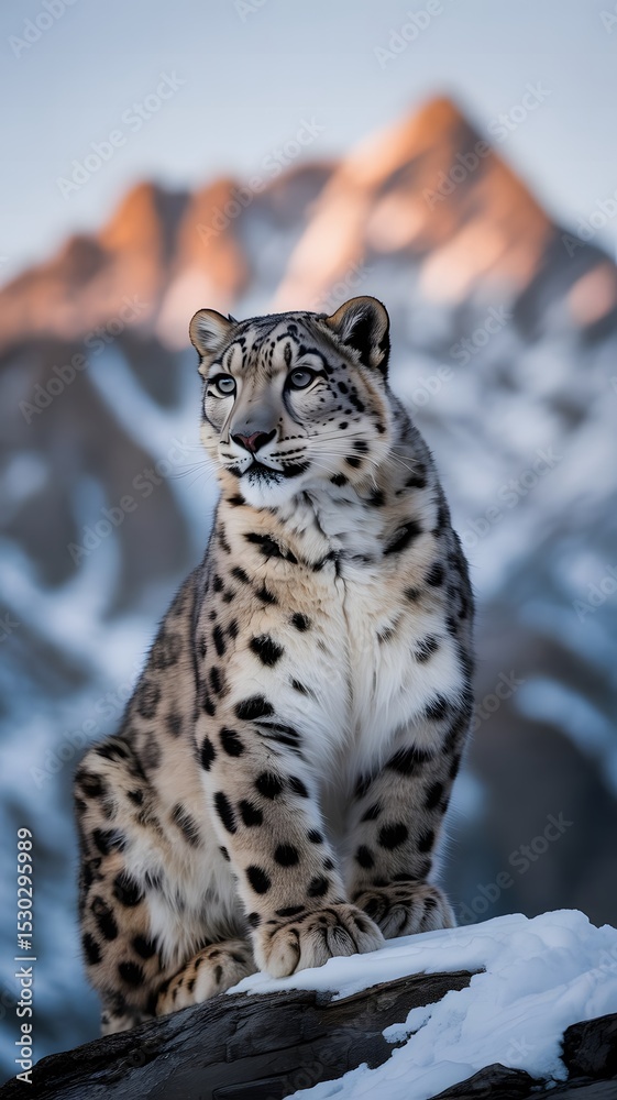 Fototapeta premium Snow Leopard in Winter Landscape – Endangered Species Art