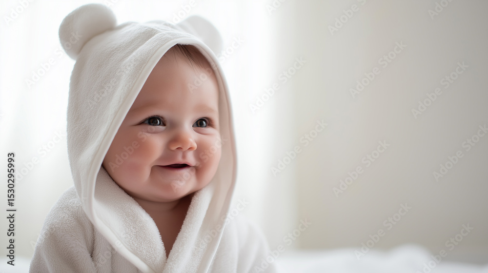 A smiling baby dressed in a white hoodie with bear ears, exuding cuteness and innocence. A smiling baby dressed in a white hoodie with bear ears, exuding cuteness and innocence.