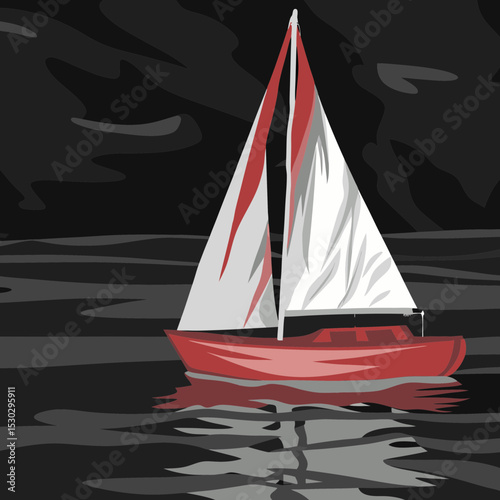 Illustration of a red sailboat sailing on dark waters