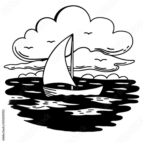 Illustration of a sailboat sailing on water under clouds