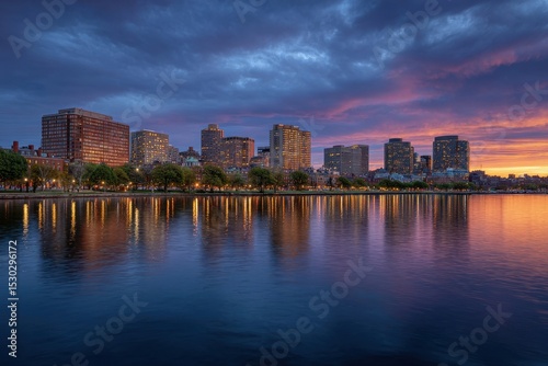 Wallpaper Mural City skyline reflected in water under a dramatic sky at dusk with building lights Torontodigital.ca