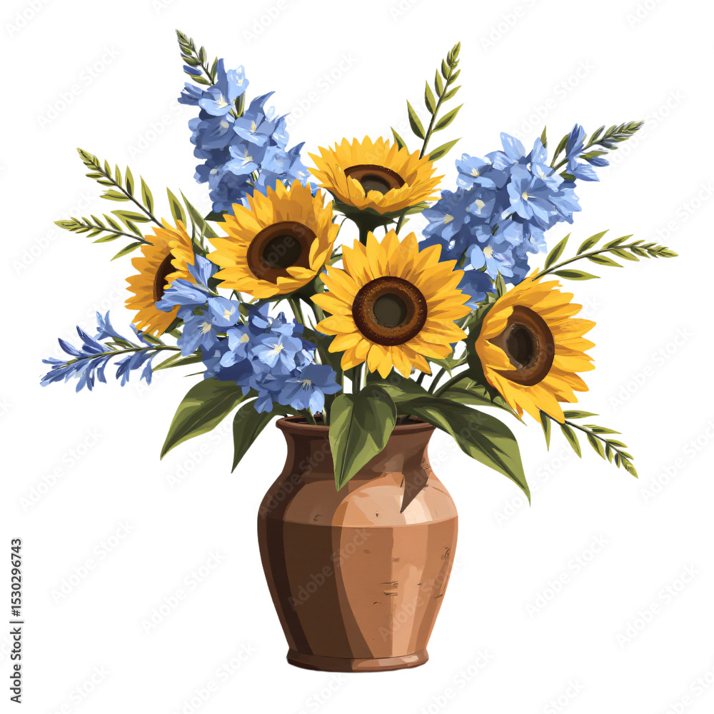 Obraz premium A vibrant arrangement of sunflowers and blue delphiniums in a rustic terracotta vase, on a white background. Warm, country style, cheerful, natural, and colorful with no shadows.