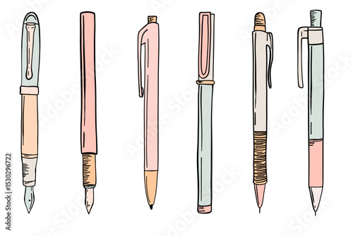 Line Art Writing Pens Collection. Minimal Color Line Icons of Writing Pens. Outline Drawing of Ink and Ballpoint Pens. Vector Illustrations