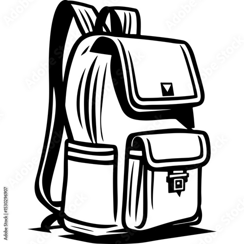 Sketchy sport emblem of lightweight travel backpack in monochrome. Engraving minimalistic vector in black ink drawing on transparent background