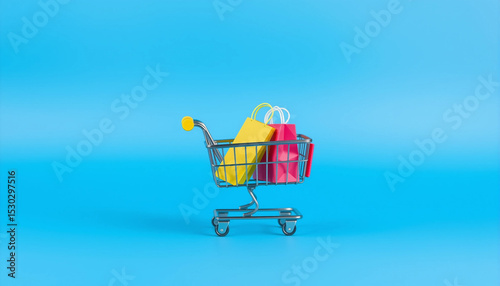 Colorful shopping bags in a cart on a blue background, representing retail and online shopping concepts.