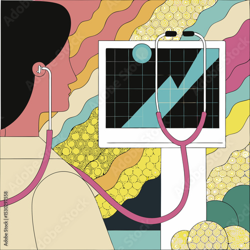 Doctor with stethoscope and chart against wavy backdrop