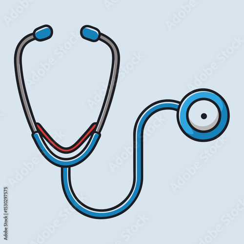 A blue and gray stethoscope on a light blue background