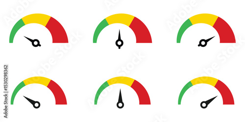 Speedometer icon set. Speedometer color icon set. Low, medium, high speedometer sign. Set of gauges from low to high. Set of gauges from low to high. Vector illustration. EPS 10